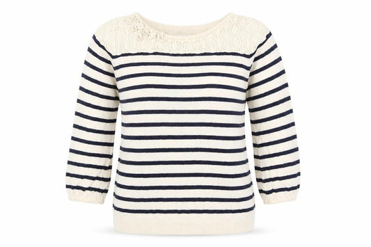 Earth Womens Ivory Striped  Basic T-Shirt Size S