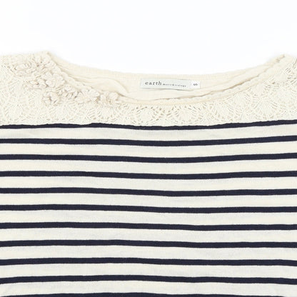 Earth Womens Ivory Striped  Basic T-Shirt Size S