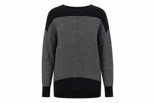 Front view of Atmosphere women’s black striped jumper, size UK 8