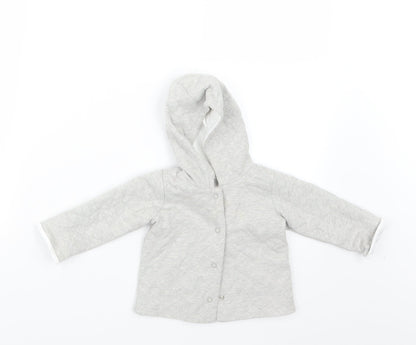 Front view of mamas & papas girls’ grey jacket, size 3-6, months