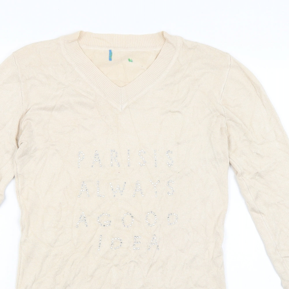 Preworn Womens Beige   Basic T-Shirt Size 8  - Paris is always a good idea