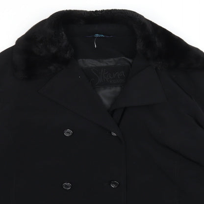 Close-up detail of NuAge women’s black jacket coat, size UK 14