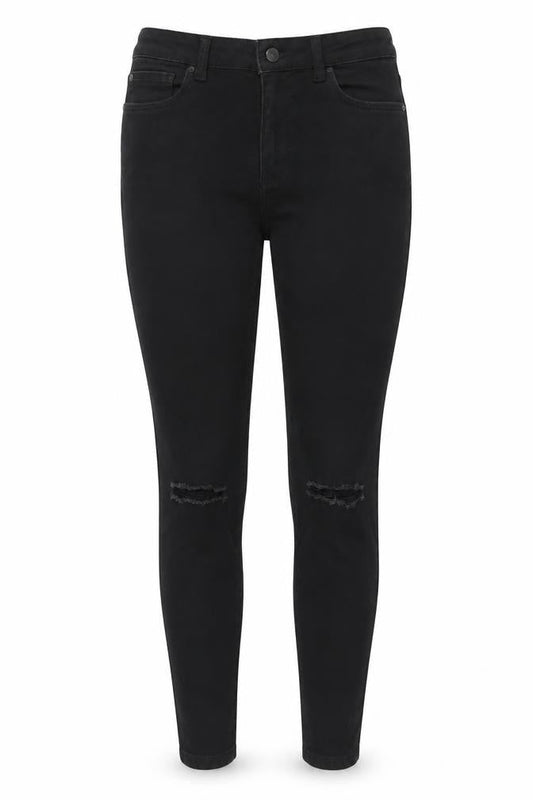 Front view of Denim & Co. women’s black denim skinny jeans, size UK 12, 27-inch leg