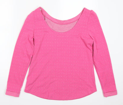 Back view of EDC women’s pink polka dot pullover sweatshirt, size M