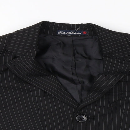 Close-up detail of suited and booted boys’ black striped jacket blazer, size 2, years