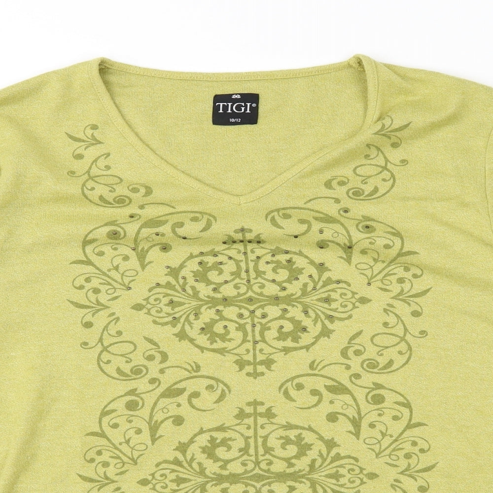 TIGI Womens Green Geometric Knit Basic T-Shirt Size 10