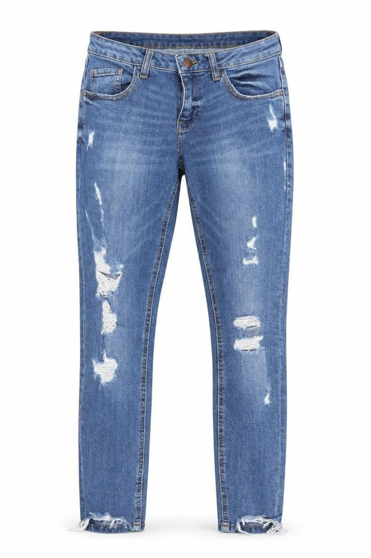 Front view of Denim & Co. women’s blue denim skinny jeans, size UK 8, 27-inch leg