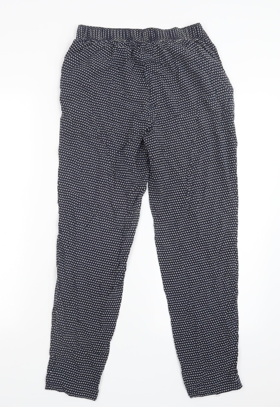 Back view of Papaya women’s blue geometric trousers, size UK 8, 25.5-inch leg
