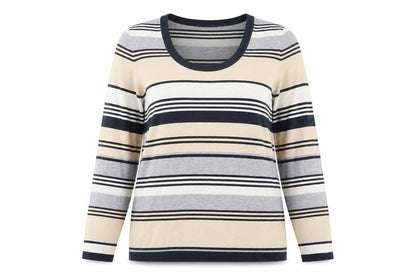 Front view of Savoir women’s grey striped jumper, size UK 16