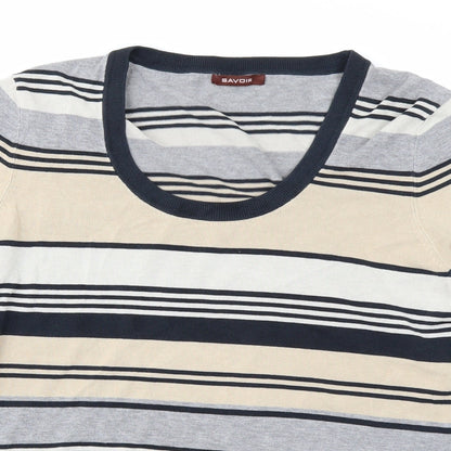 Close-up detail of Savoir women’s grey striped jumper, size UK 16