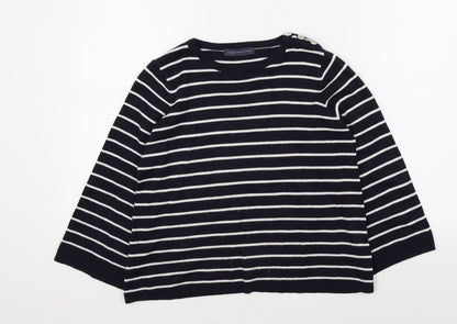 Preloved M&S Womens Blue Striped  Pullover Jumper Size 14  - button detail on shoulder - Front
