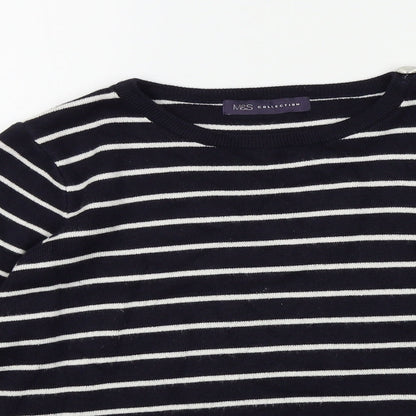 Preloved M&S Womens Blue Striped  Pullover Jumper Size 14  - button detail on shoulder - Detail