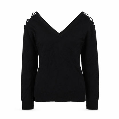 Front view of evie women’s black jumper, size UK 14, - open shoulders