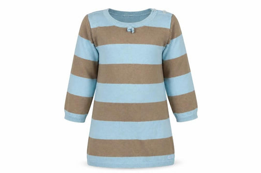 Front view of Mexx girls’ blue striped jumper dress, size 18-24, months