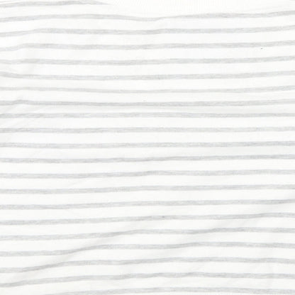 Brand and care label for Atmosphere women’s white striped jumper, size UK 8