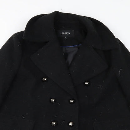 Close-up detail of Papaya women’s black overcoat coat, size UK 14