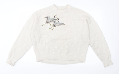 Preloved H&M Womens Ivory  Knit Pullover Jumper Size 8  - bird - Front