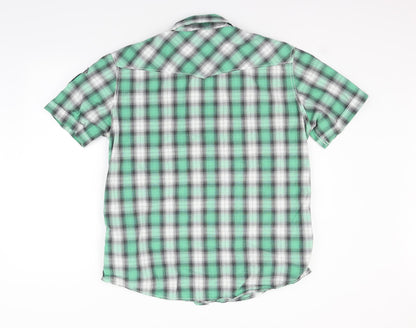 Back view of LOGG men’s green check button-up, size L