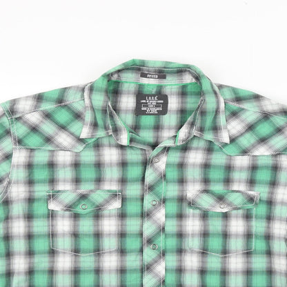 Close-up detail of LOGG men’s green check button-up, size L