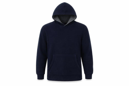 Front view of Easy men’s blue pullover hoodie, size S
