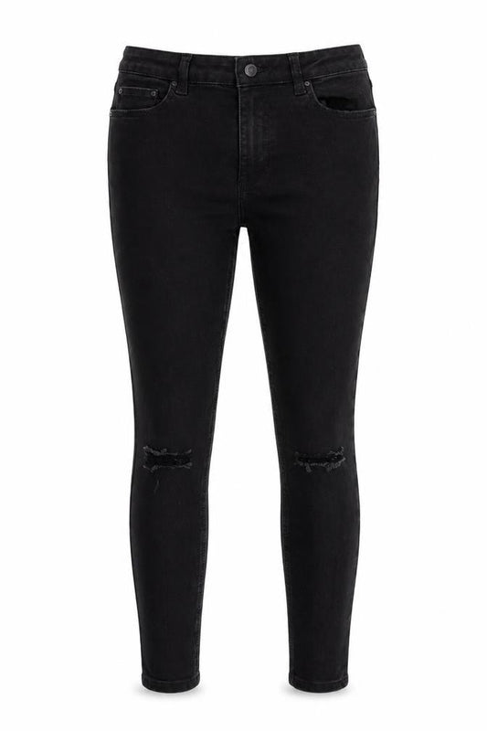 Front view of Denim & Co. women’s black denim skinny jeans, size UK 12, 27-inch leg