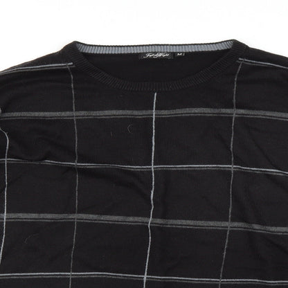 Close-up detail of Taylor & Wright men’s black plaid jumper, size M
