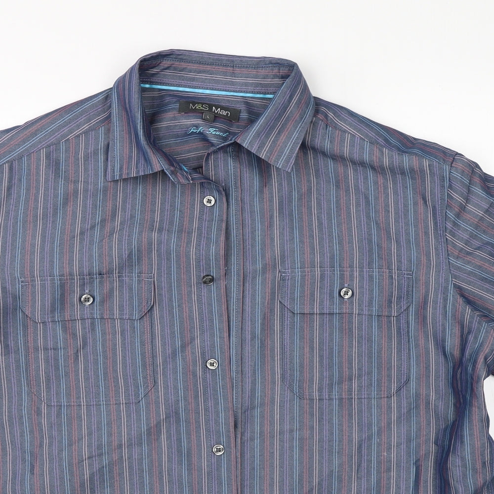 Marks & Spencer Mens Blue Striped   Button-Up Size L