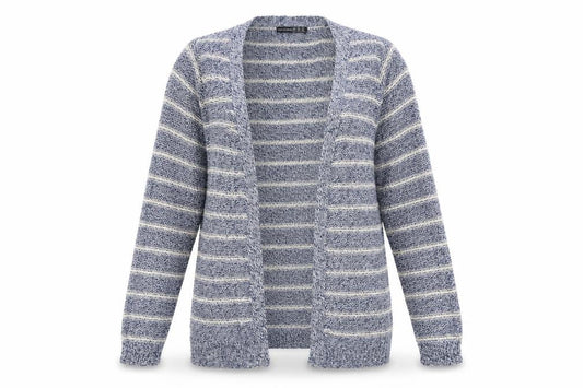 Front view of Atmosphere women’s blue striped cardigan jumper, size UK 10