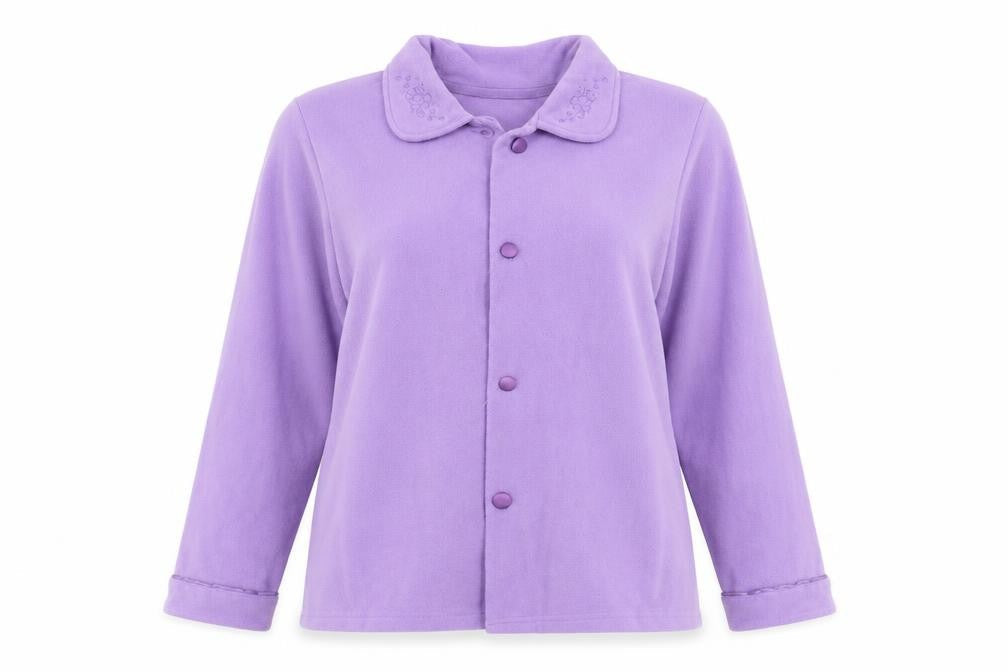 EWM Womens Purple Solid Fleece Top Pyjama Top Size S  - Floral embroidery
