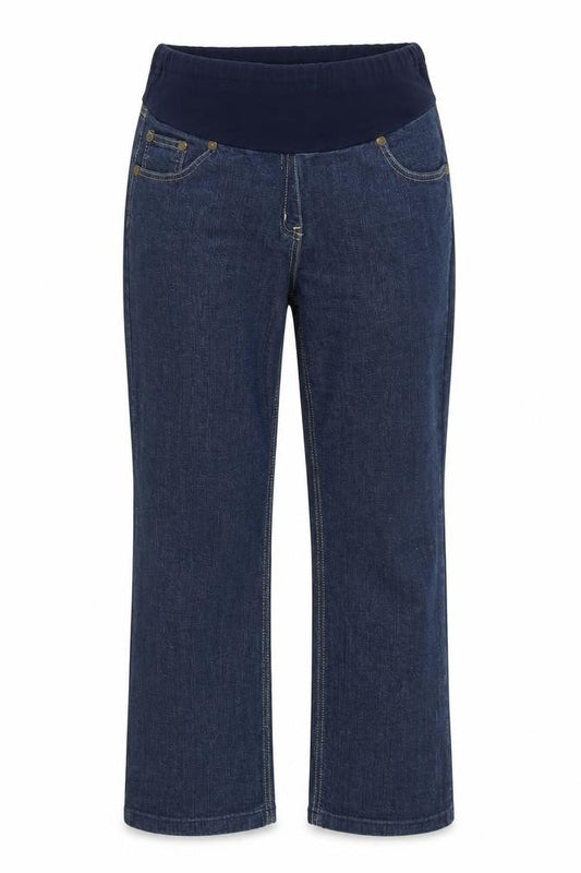 Front view of Evie women’s blue denim mom jeans, size UK 12, 28-inch leg
