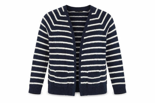Front view of Atmosphere women’s blue striped cardigan jumper, size UK 12