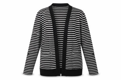 Front view of Papaya women’s black striped jacket, size UK 8