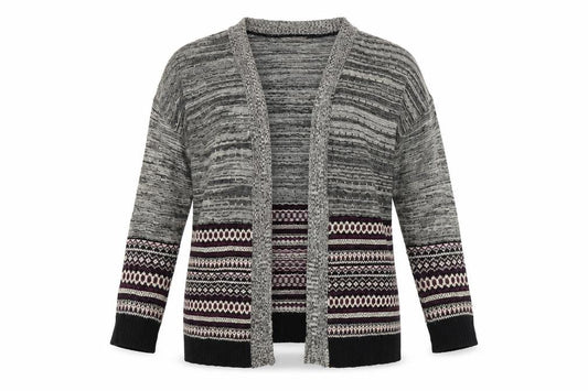 Front view of Miss Selfridge women’s grey geometric cardigan jumper, size UK 10