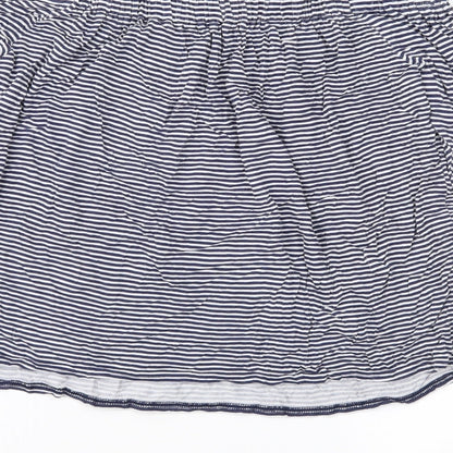 Brand and care label for Atmosphere women’s blue striped basic blouse, size UK 14