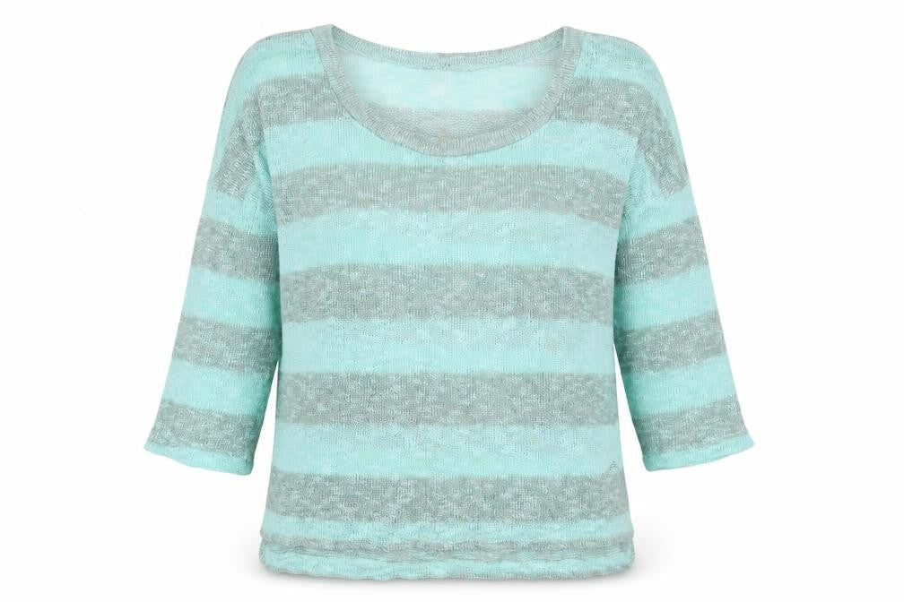 Sparkle & Fade Womens Green Striped  Basic T-Shirt Size M
