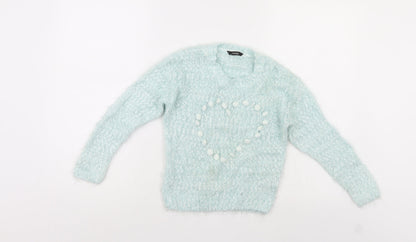 Preloved George Girls Blue   Pullover Jumper Size 6-7 Years  - Heart shape - Front