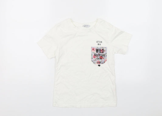 Primark Girls White   Basic T-Shirt Size 9-10 Years  - Lets go on a wild adventure