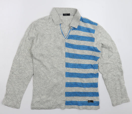 Octave Mens Grey Striped Knit Pullover Jumper Size M