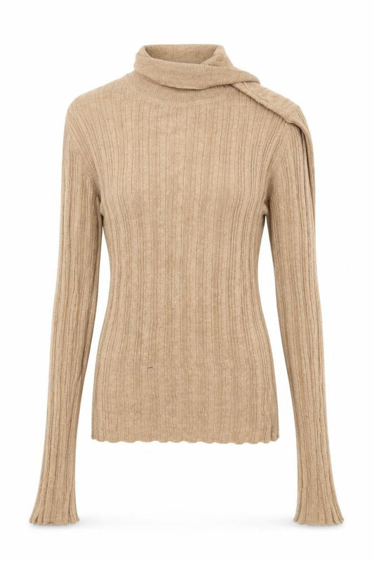 Front view of ASOS women’s beige striped jumper, size UK 12