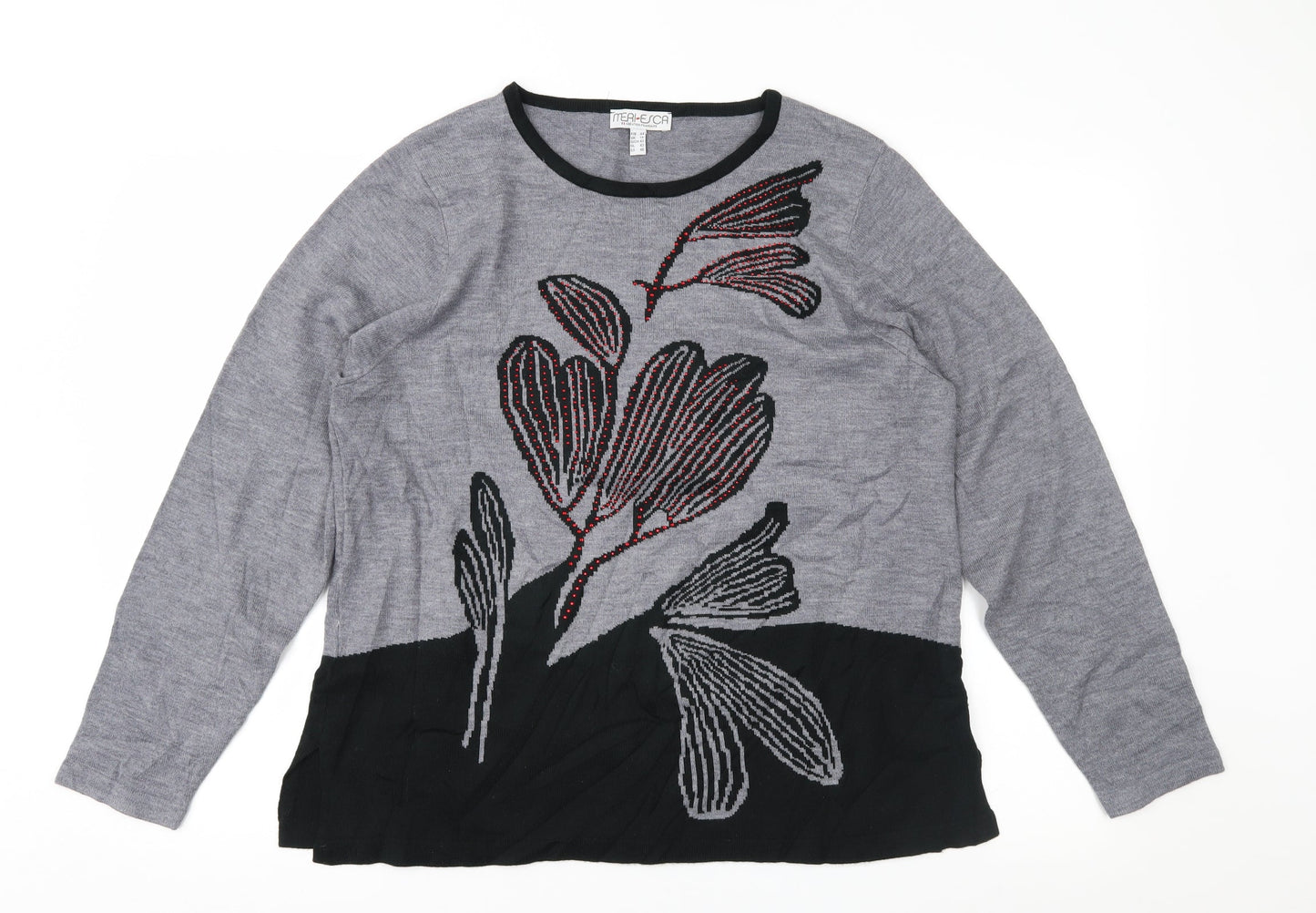 Meri-Esca Womens Grey Floral  Pullover Jumper Size 16
