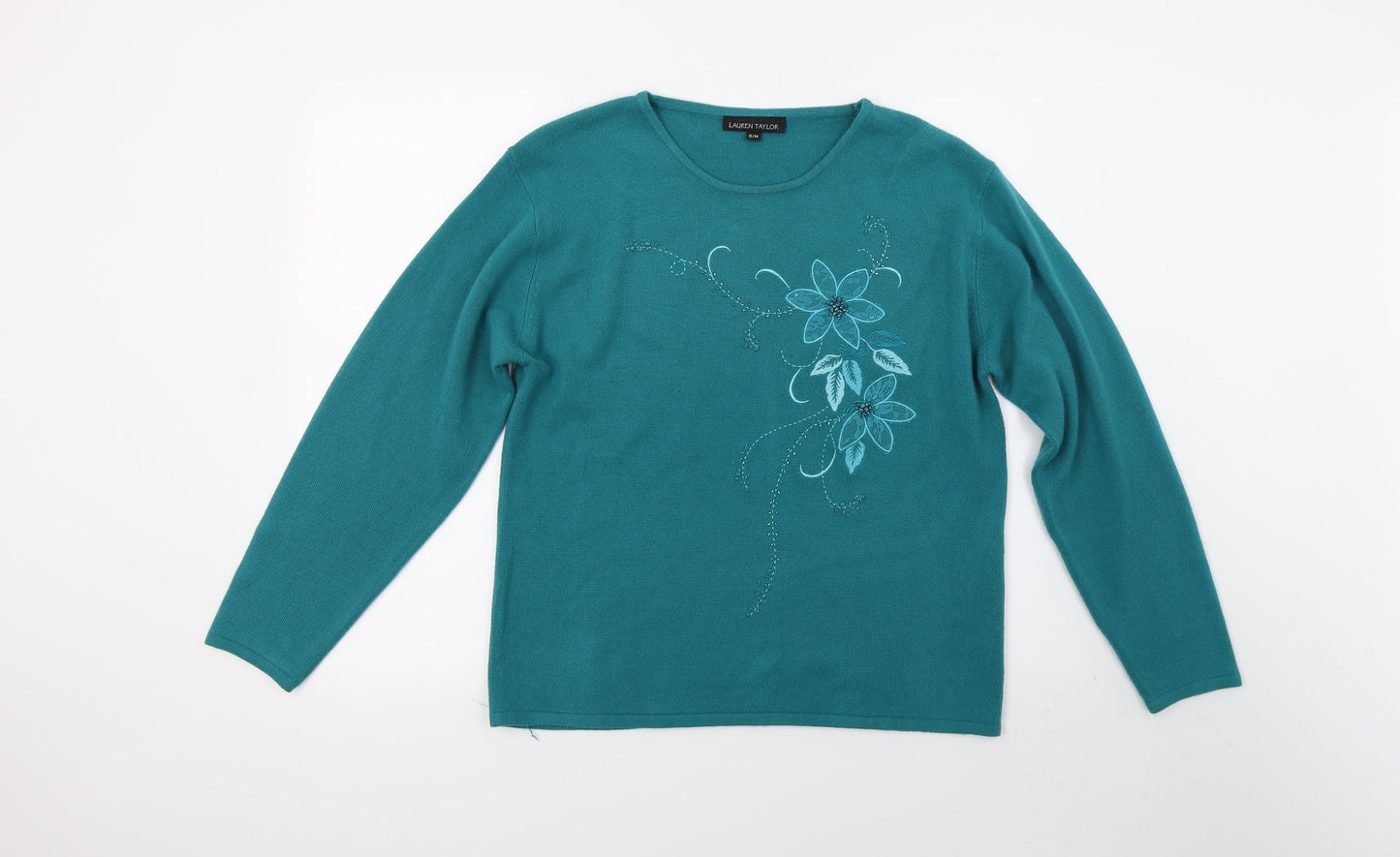 Lauren taylor Womens Green Floral Knit Pullover Jumper Size M