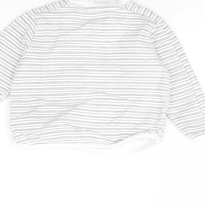 Brand and care label for F&F girls’ white striped rayon jumper, size 3-6, months