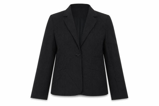 Front view of Papaya women’s black striped jacket blazer, size UK 16