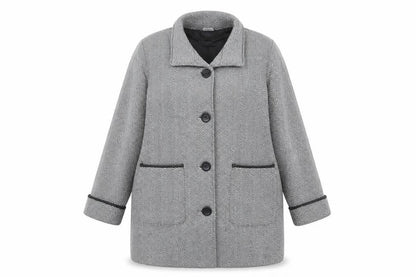 Front view of Anne De Lancay women’s grey striped jacket coat, size UK 20