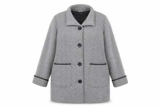 Front view of Anne De Lancay women’s grey striped jacket coat, size UK 20