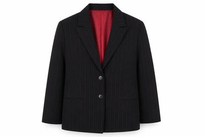 Front view of AMARANTO women’s black striped jacket blazer, size UK 20
