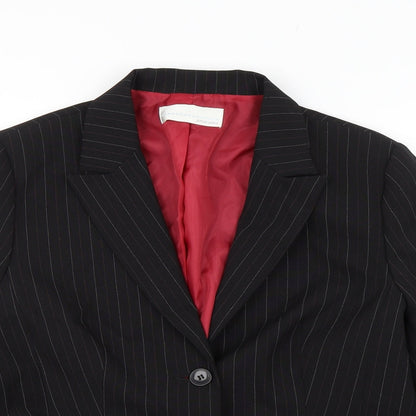 Close-up detail of AMARANTO women’s black striped jacket blazer, size UK 20