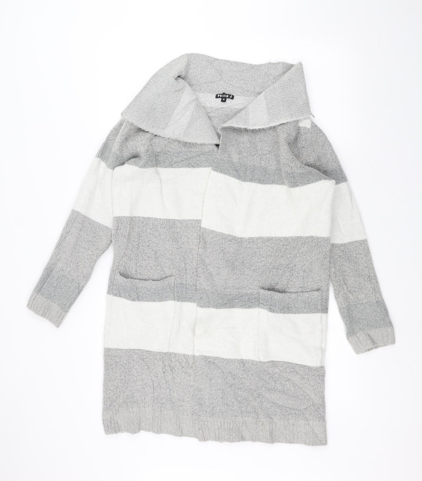 Philip J Womens Grey Striped  Jacket Coatigan Size M