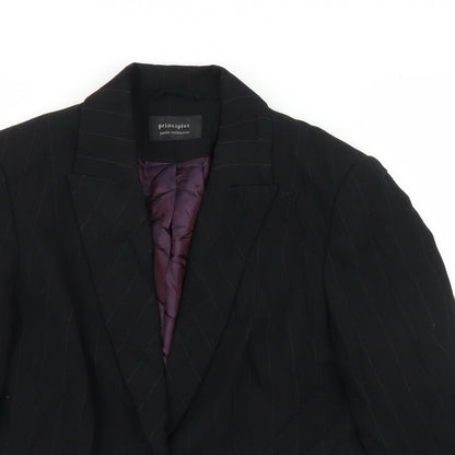 Close-up detail of Principles women’s black striped jacket blazer, size UK 14