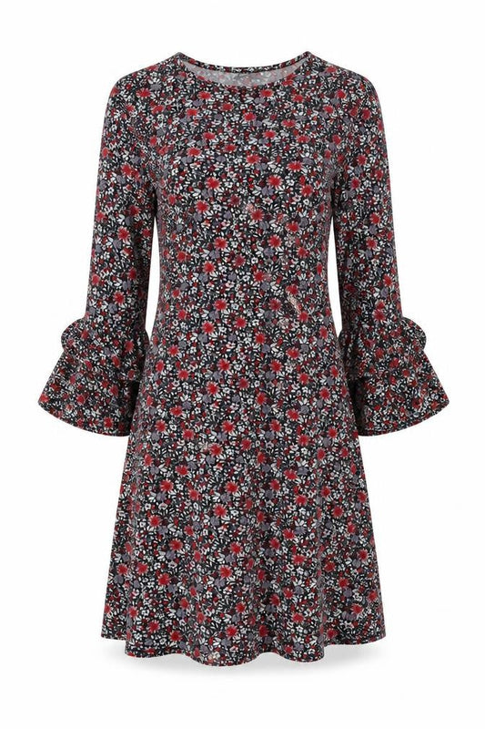Front view of Papaya women’s black floral fit & flare, size S
